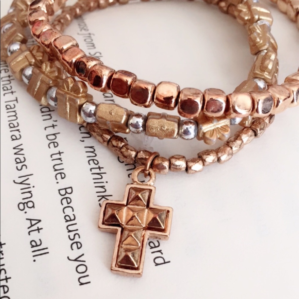 #A198 Gold Seed beads Bracelet Set Cross Charm - Picture 3 of 5